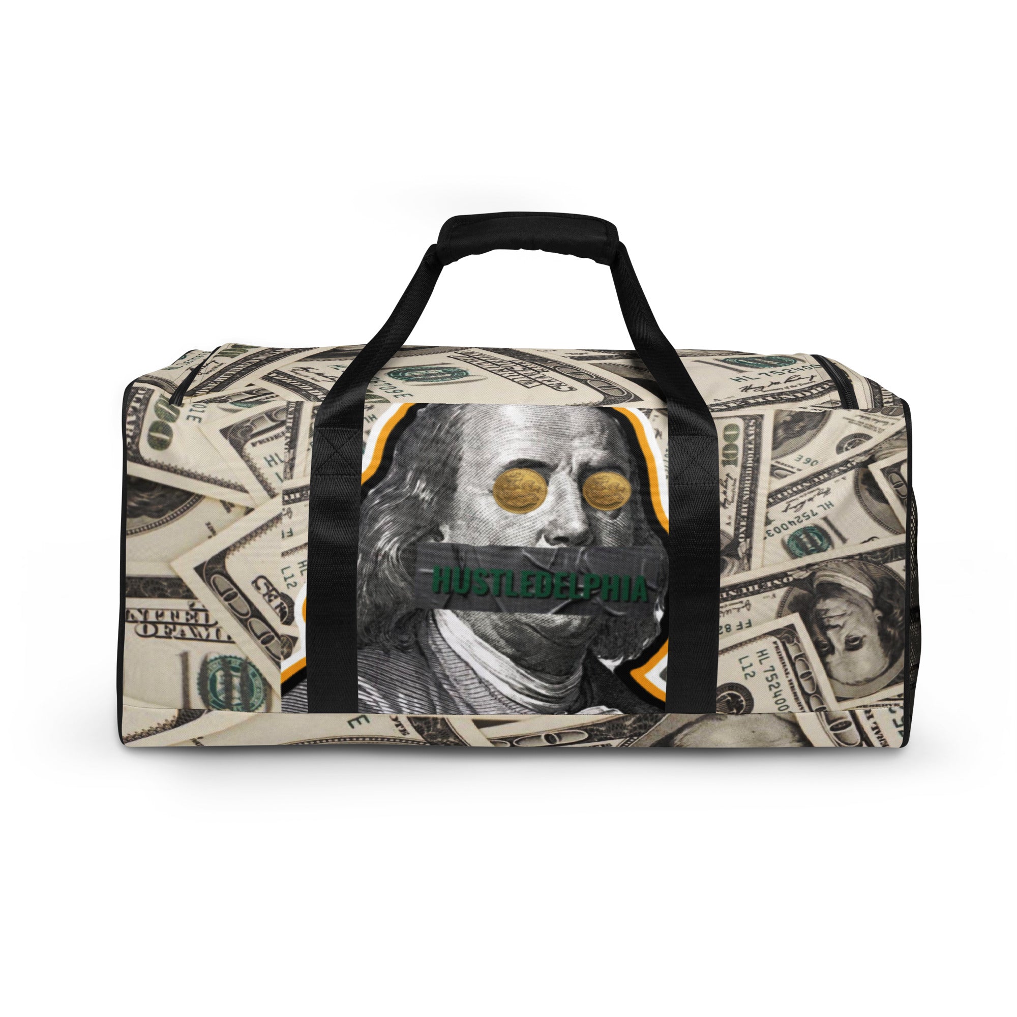 Money Cash Covered Duffle Bag with Big Ben Franklin Bust With Hustledelphia Brand Logos