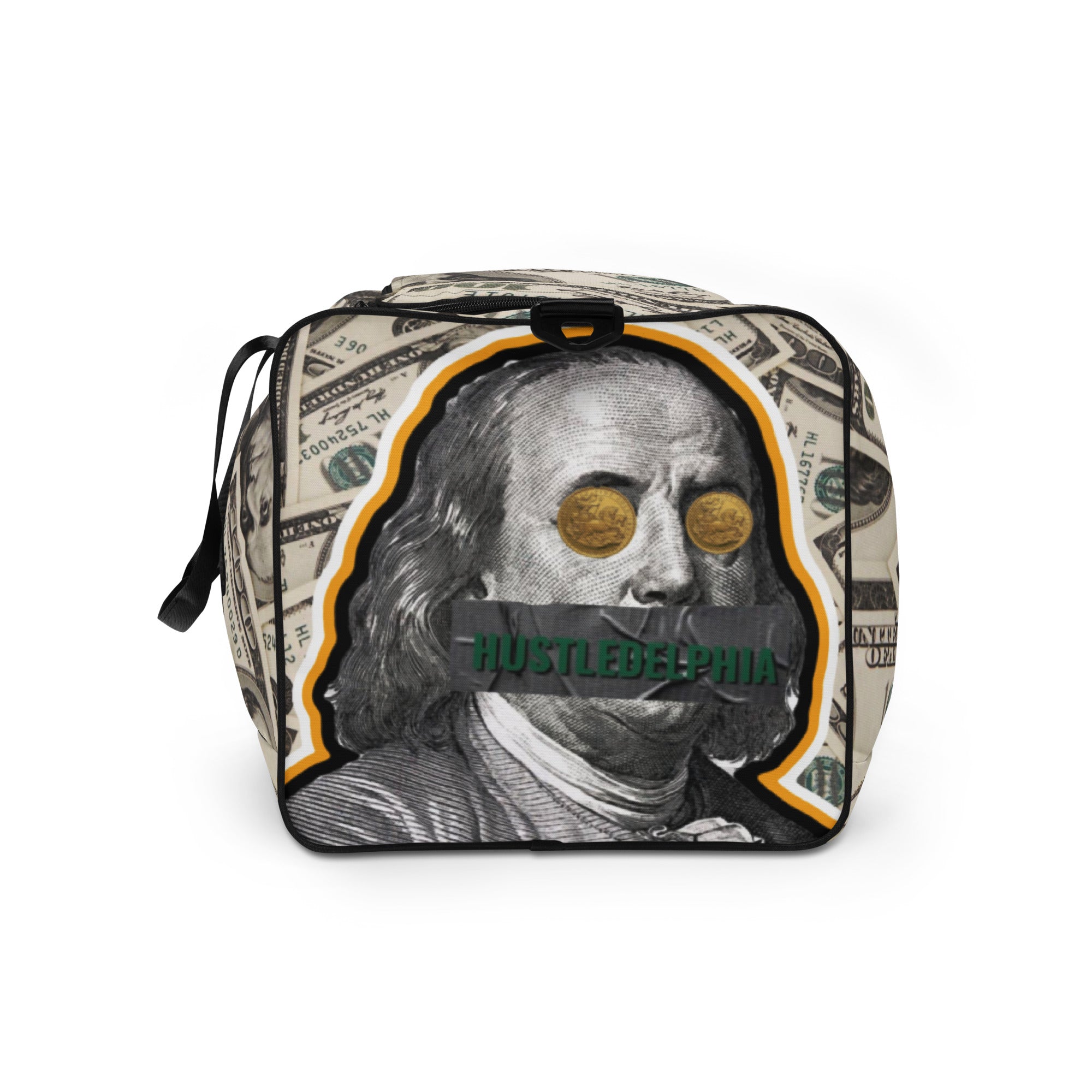 Money Cash Covered Duffle Bag with Big Ben Franklin Bust With Hustledelphia Brand Logos