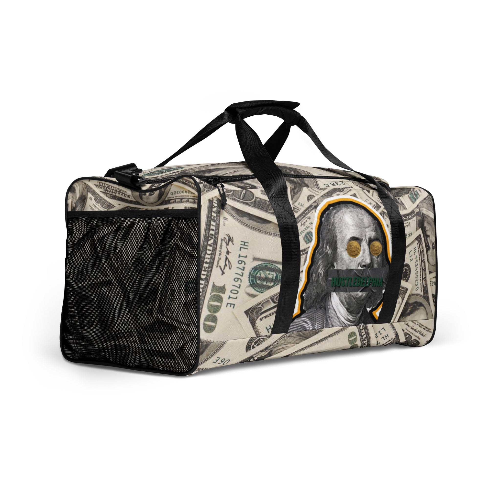 Money Cash Covered Duffle Bag with Big Ben Franklin Bust With Hustledelphia Brand Logos