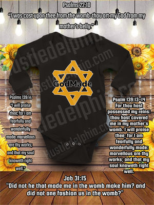 Black With Gold Shield of David Lettering Stating God Made Baby Unisex Baby Long Sleeve Onesie