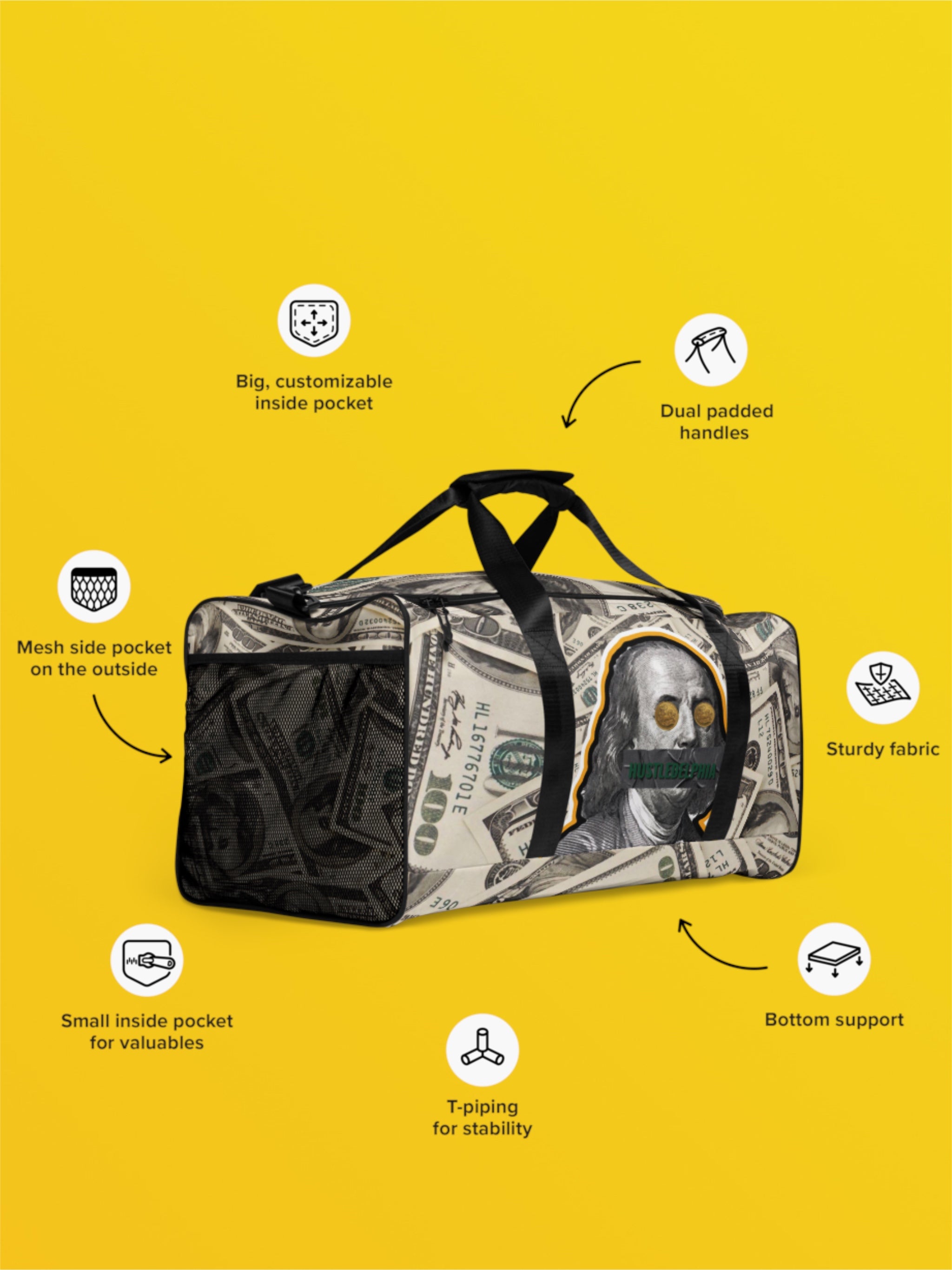 Money Cash Covered Duffle Bag with Big Ben Franklin Bust With Hustledelphia Brand Logos