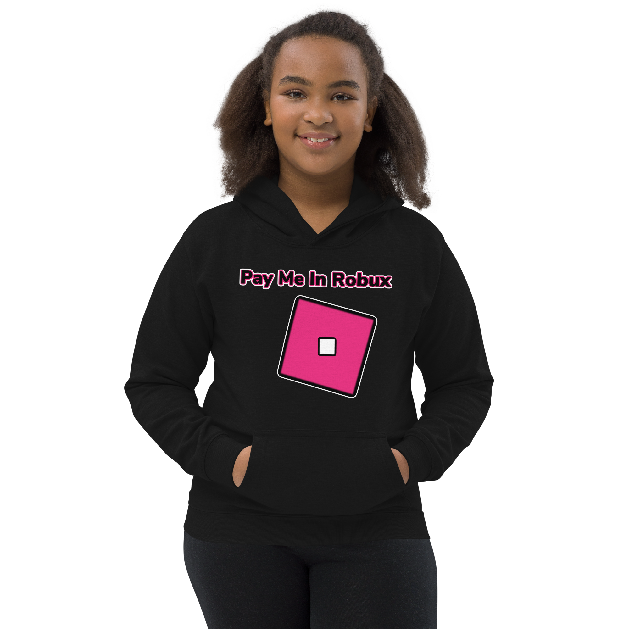 Black with Pink lettering Girls Roblox Inspired Hoodie Stating Pay Me In Robux