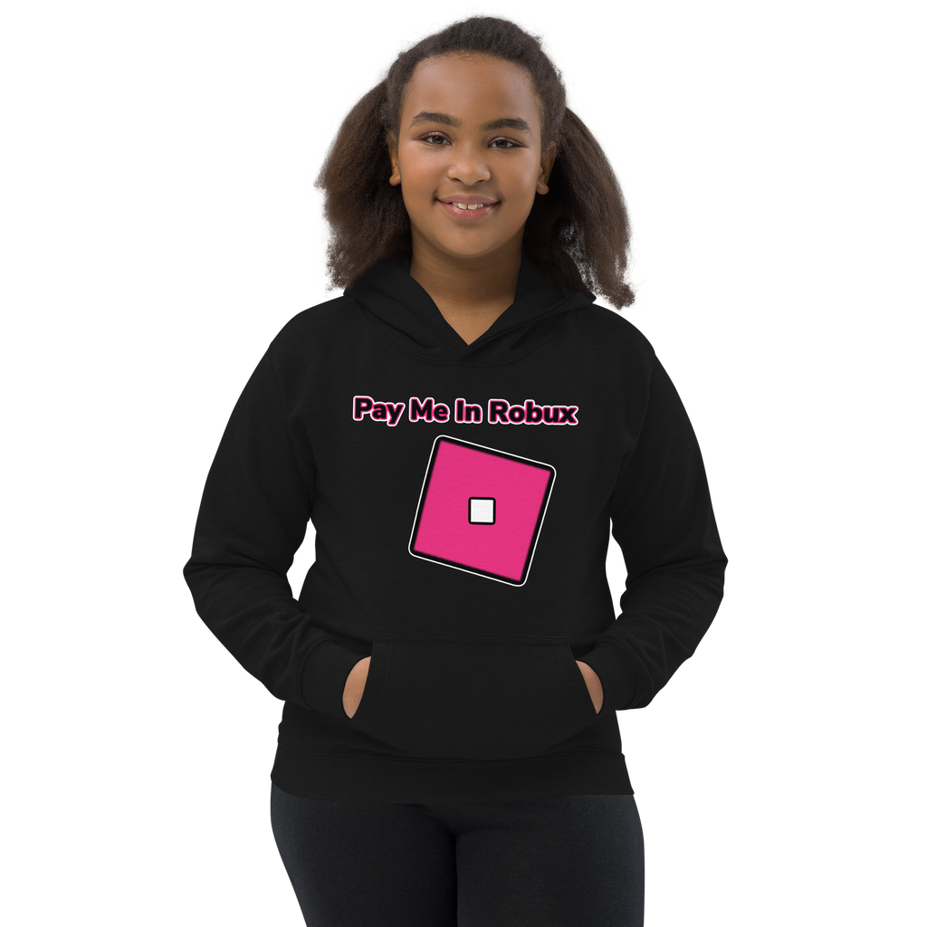 Black with Pink lettering Girls Roblox Inspired Hoodie Stating Pay Me In Robux