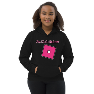 Black with Pink lettering Girls Roblox Inspired Hoodie Stating Pay Me In Robux