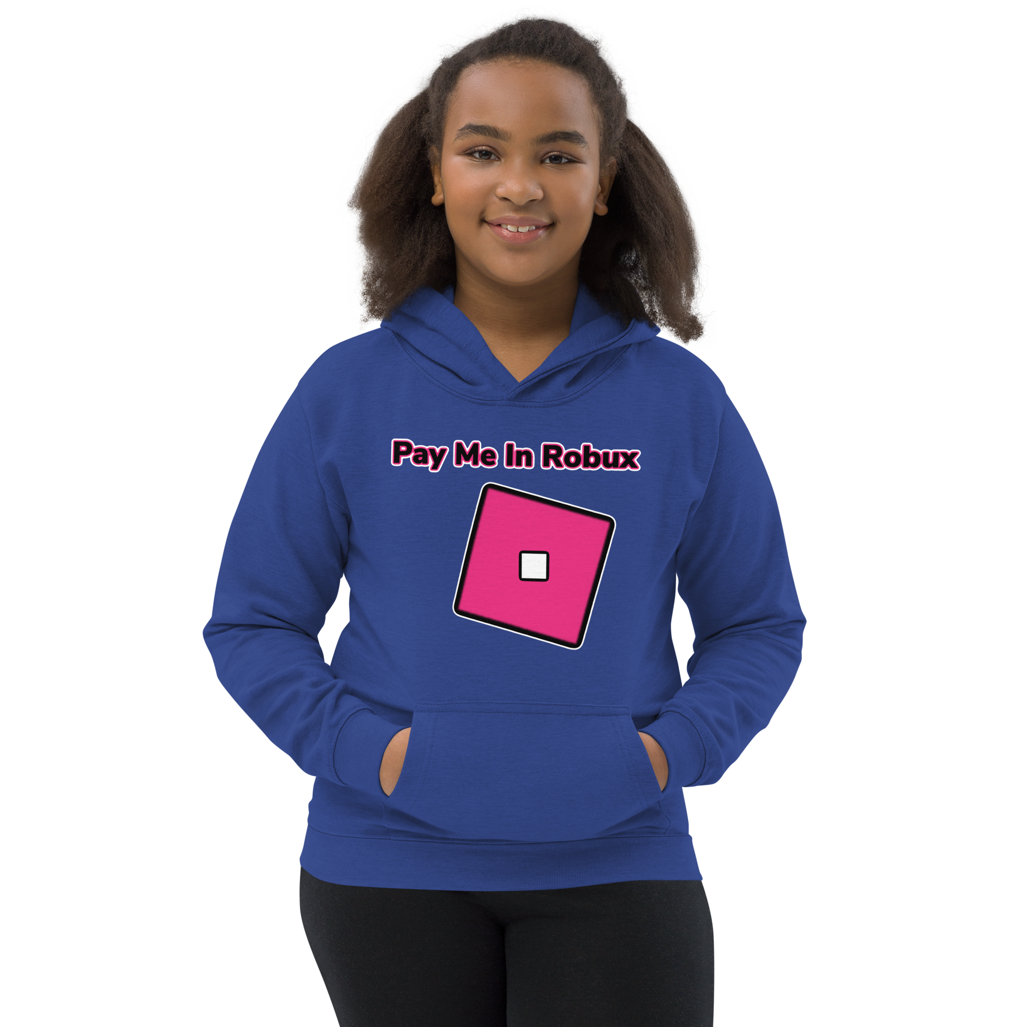 Blue  with Pink lettering Girls Roblox Inspired Hoodie Stating Pay Me In Robux