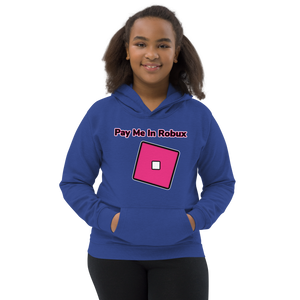 Blue  with Pink lettering Girls Roblox Inspired Hoodie Stating Pay Me In Robux