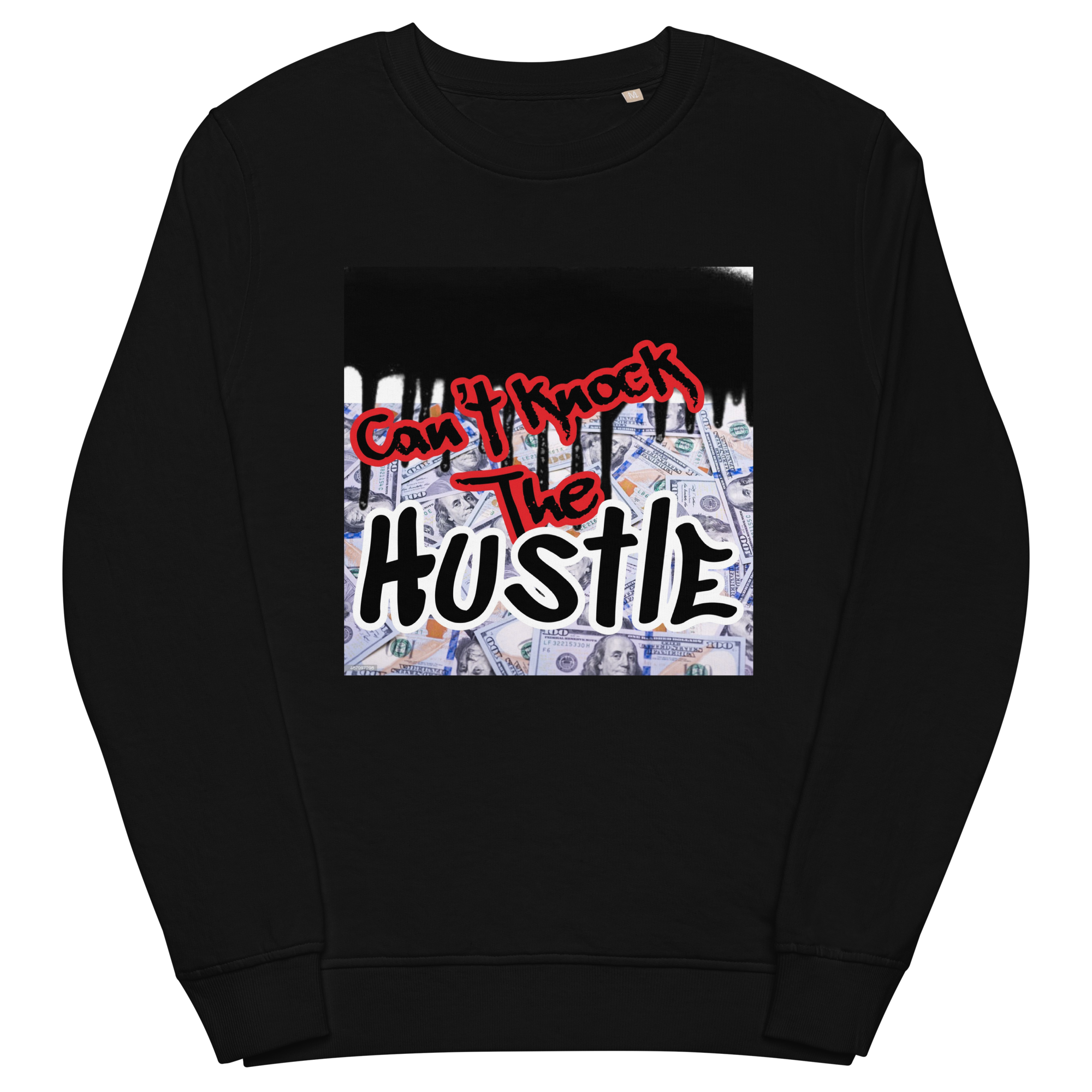 Black Unisex Jay-Z Inspired Graphic Crew Neck Sweatshirt which Graphically Reads Can't Knock The Hustle