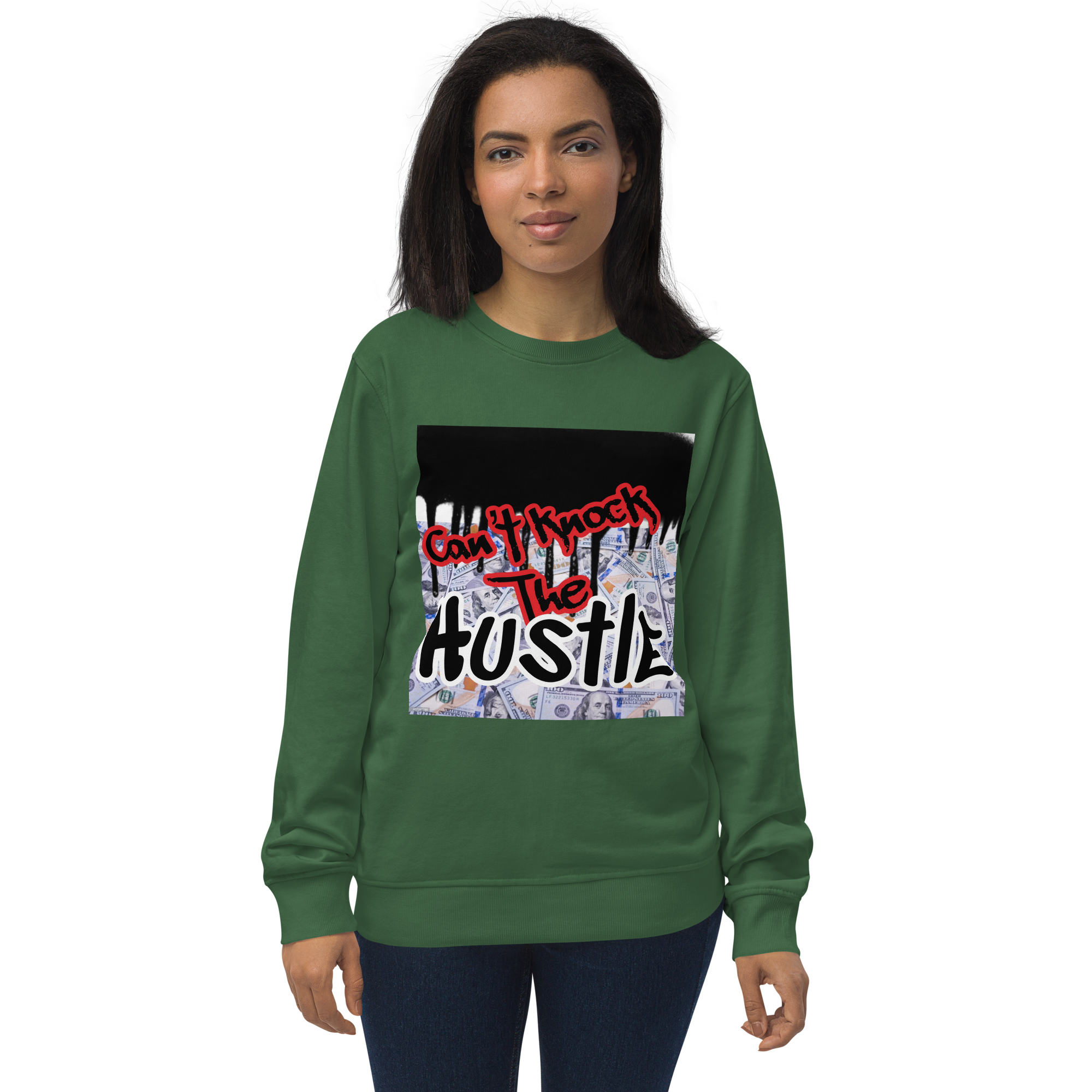 Green Unisex Jay-Z Inspired Graphic Crew Neck Sweatshirt which Graphically Reads Can't Knock The Hustle