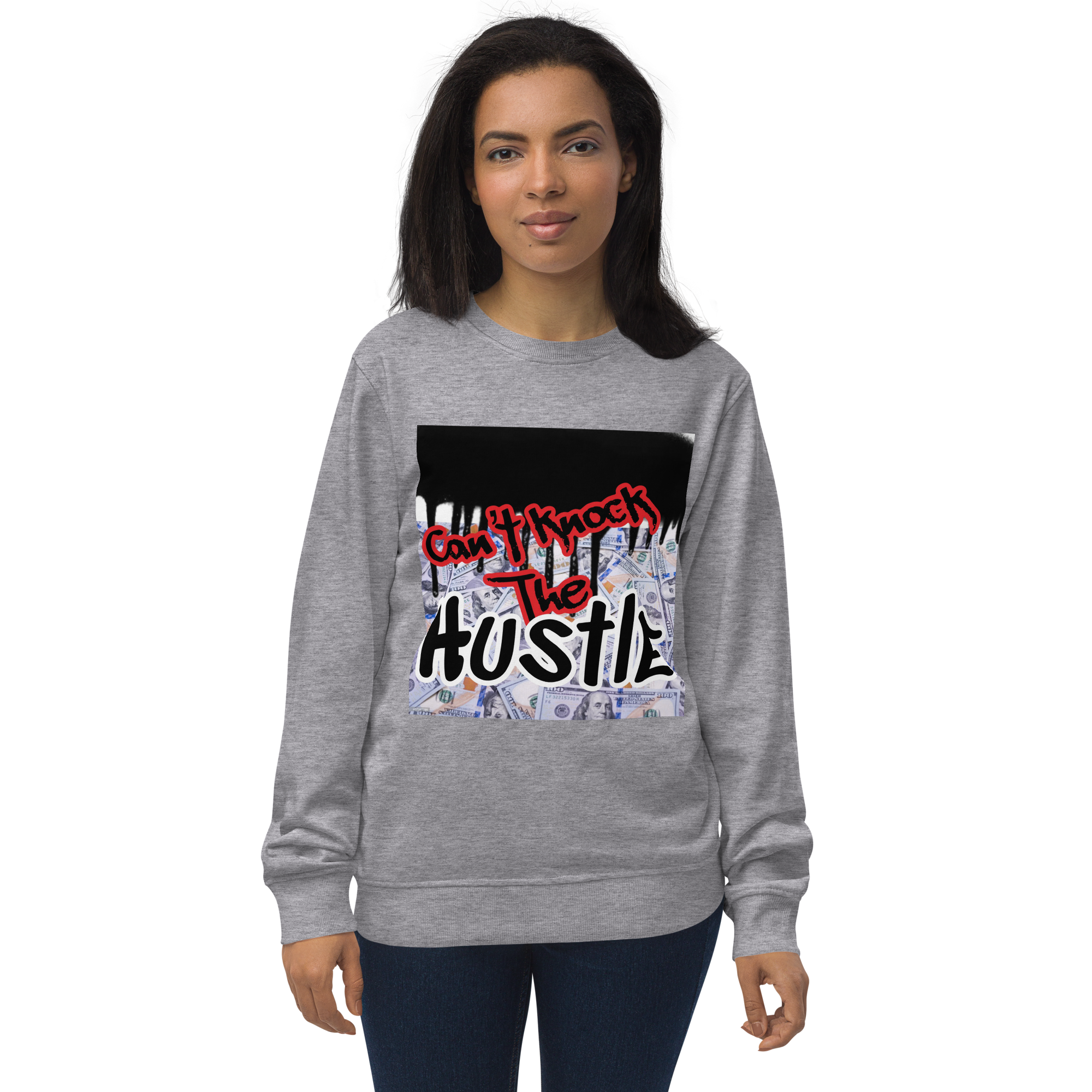 Grey Unisex Jay-Z Inspired Graphic Crew Neck Sweatshirt which Graphically Reads Can't Knock The Hustle