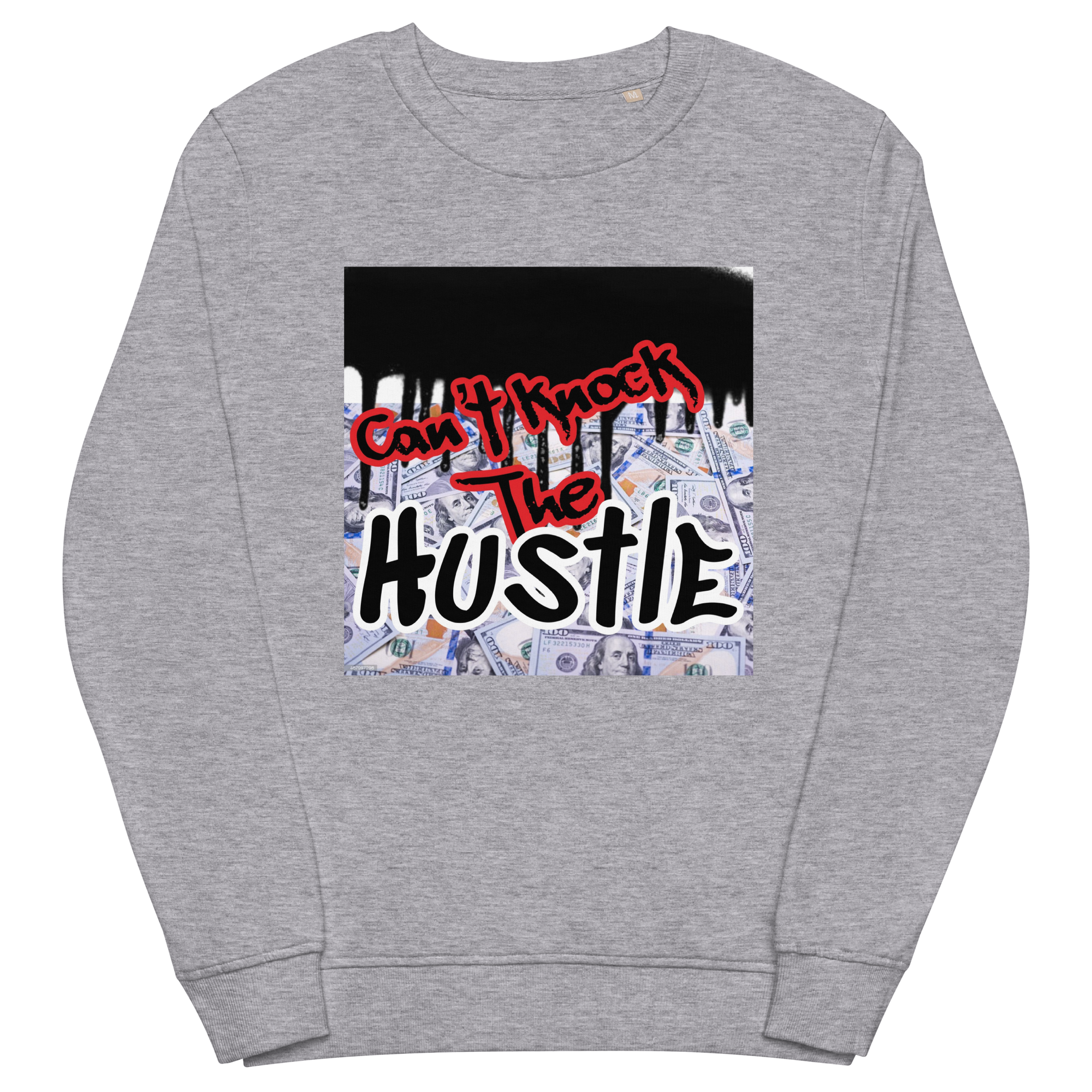 Grey Unisex Jay-Z Inspired Graphic Crew Neck Sweatshirt which Graphically Reads Can't Knock The Hustle