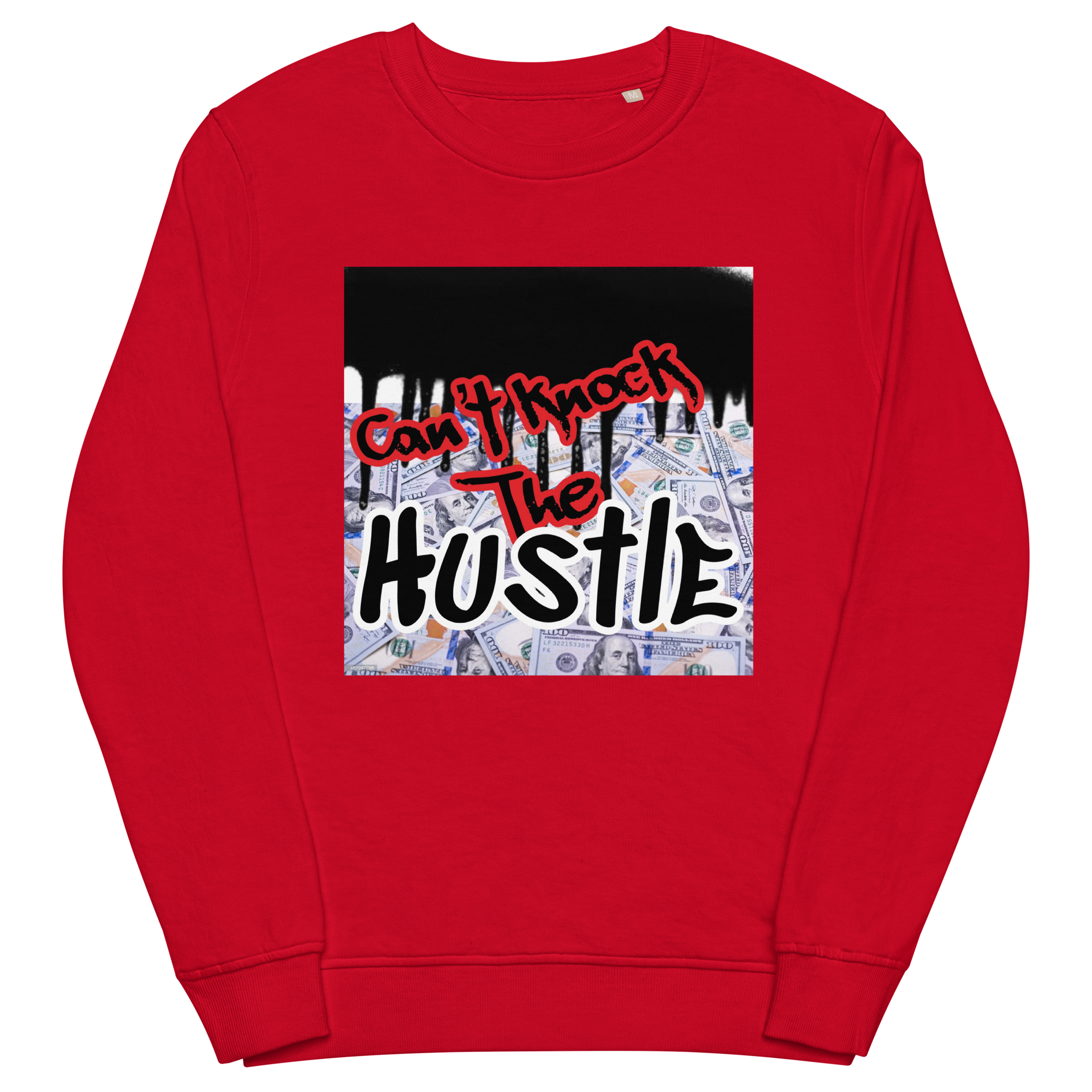 Red Unisex Jay-Z Inspired Graphic Crew Neck Sweatshirt which Graphically Reads Can't Knock The Hustle