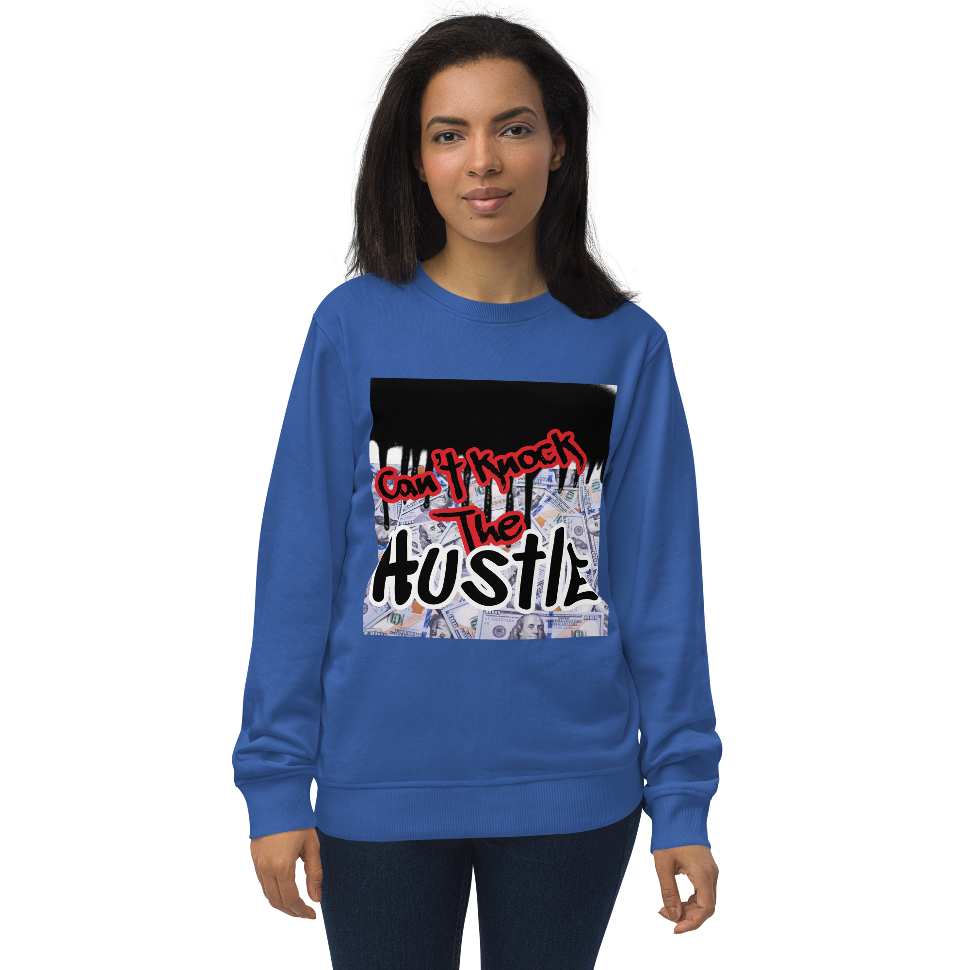 Blue Unisex Jay-Z Inspired Graphic Crew Neck Sweatshirt which Graphically Reads Can't Knock The Hustle