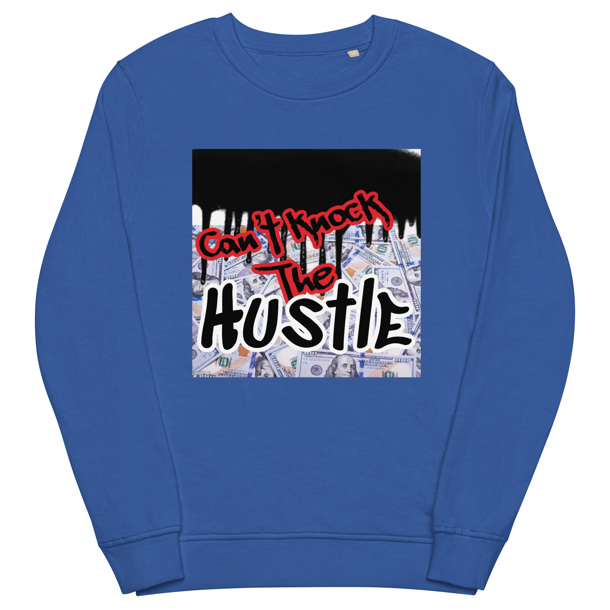 Blue Unisex Jay-Z Inspired Graphic Crew Neck Sweatshirt which Graphically Reads Can't Knock The Hustle