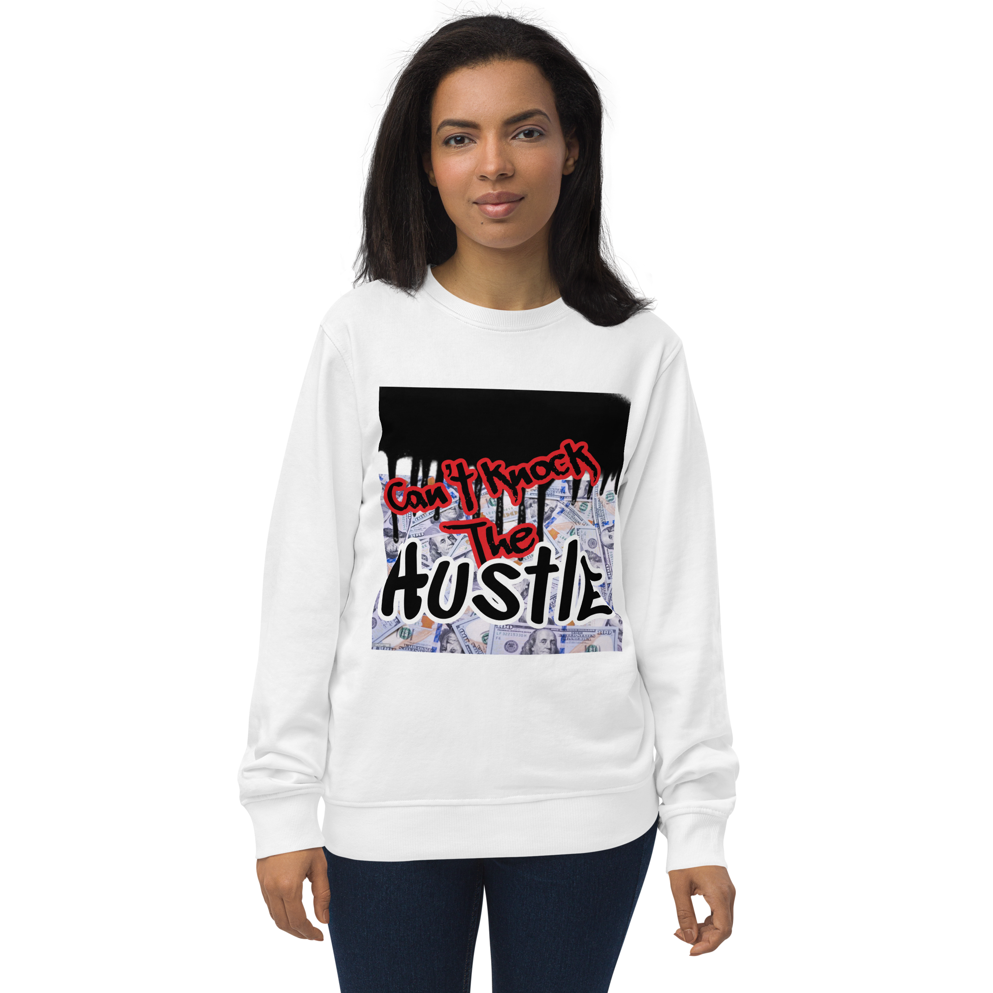 White Unisex Jay-Z Inspired Graphic Crew Neck Sweatshirt which Graphically Reads Can't Knock The Hustle